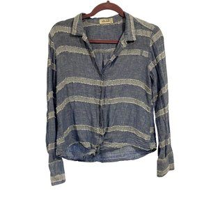 Bella Dahl Linen Blend Blue White Stripe Tie Front Blouse XS